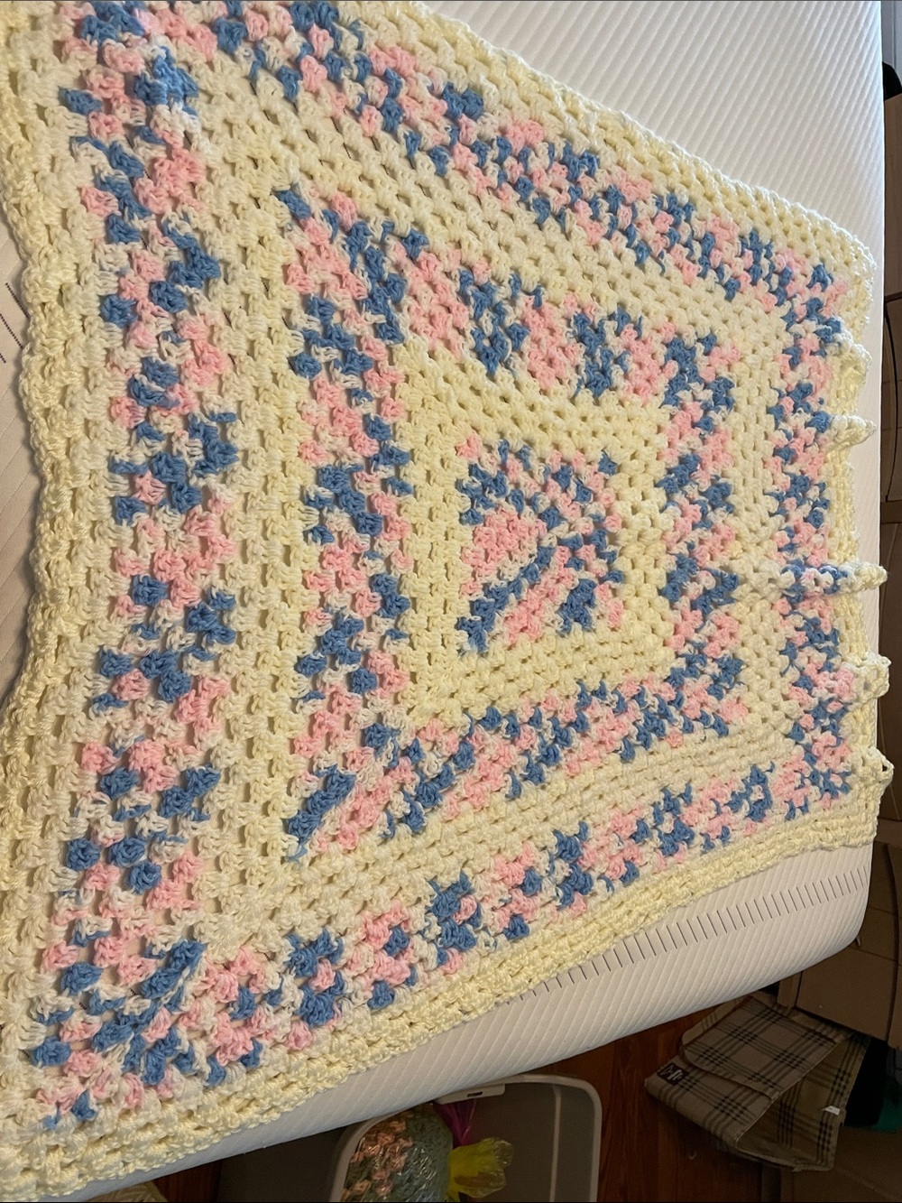 36” Handmade Crochet granny square Baby Blanket in white, Pink & Blue